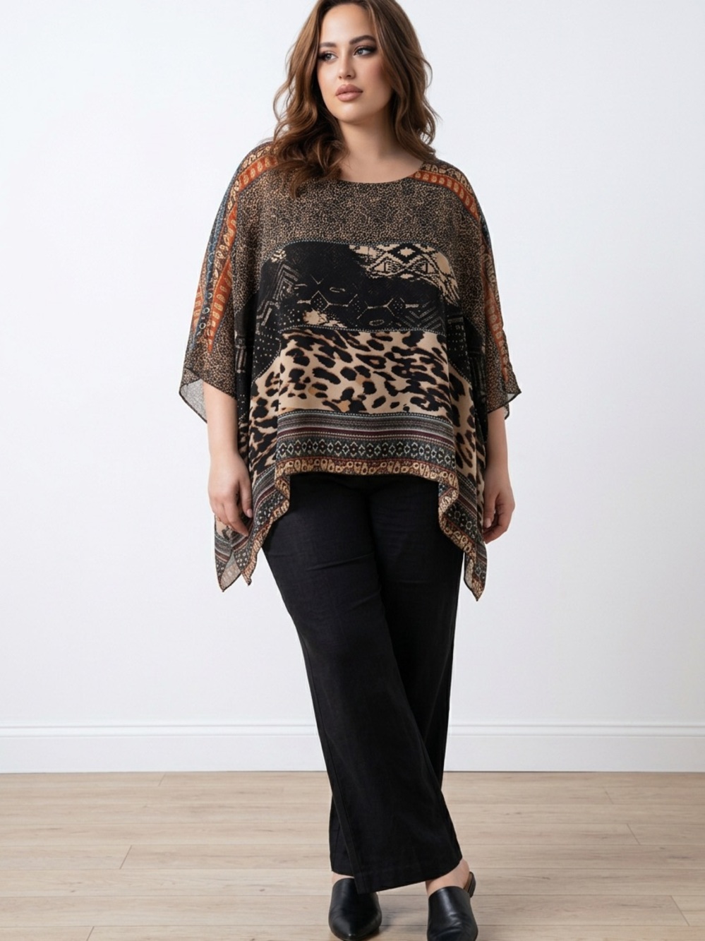 Melissa Paige Mixed Animal & Geo Print Poncho Tunic in Black and Tan